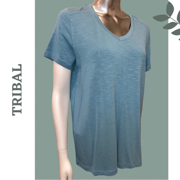 Tribal Women's Blue V-Neck Top Short Sleeve T-Shirt Size Small - Picture 2 of 5